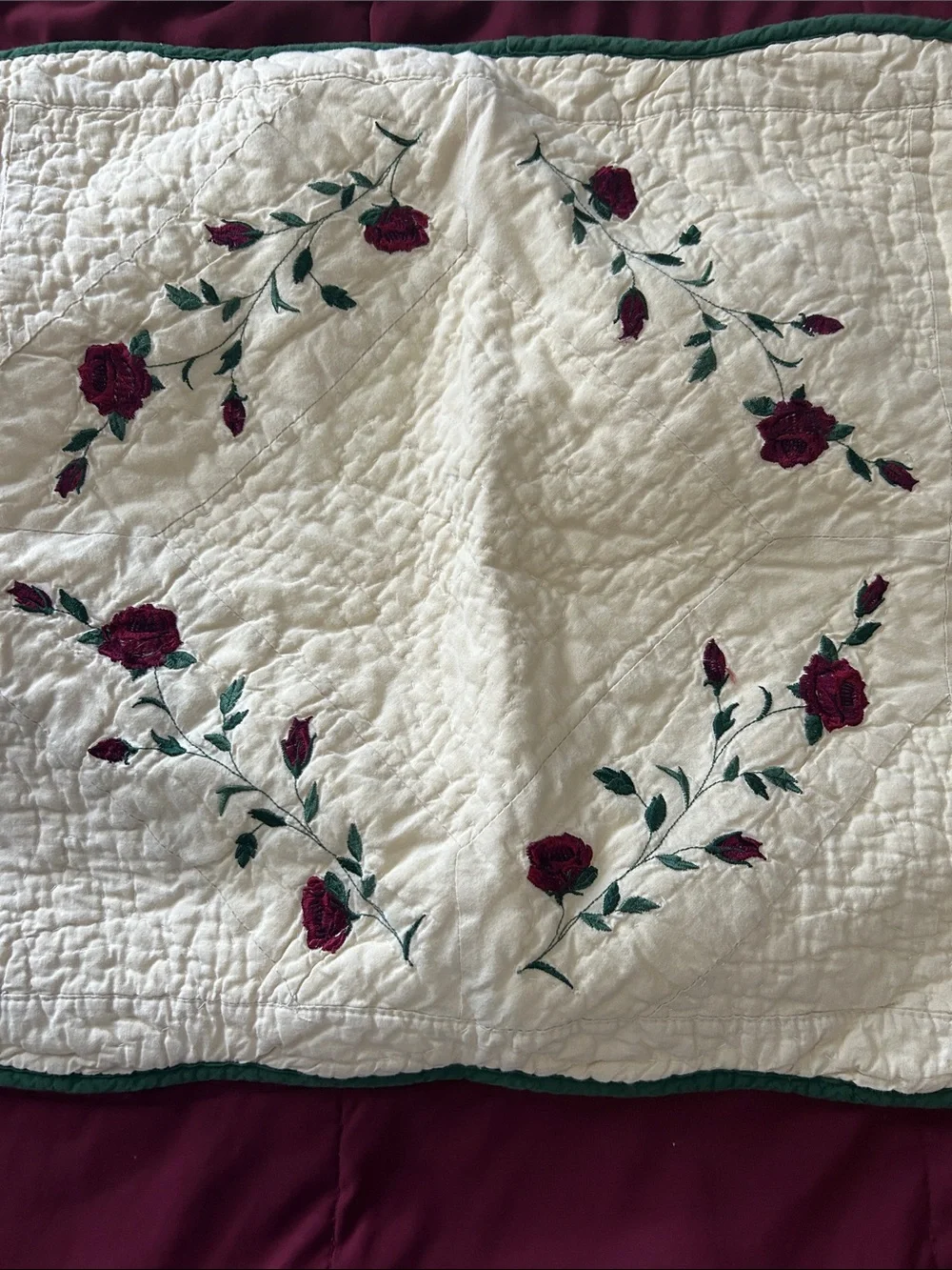 Embroidered Rose Quilted Pillow Sham Set - Cream with Burgundy & Green